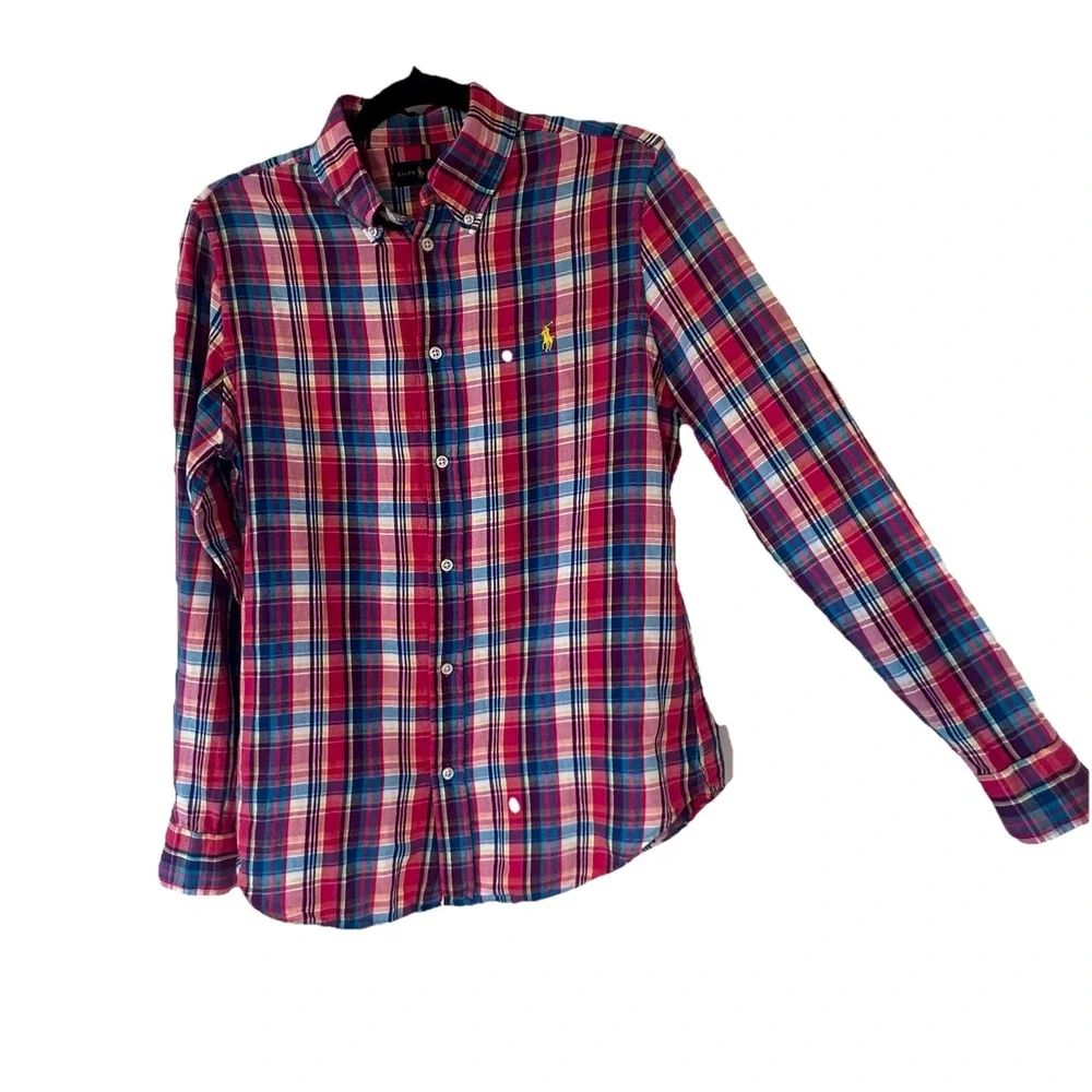 Ralph Lauren Shirt Colorful Pink Plaid Pony‎ Button Up Soft LS Boys Youth Sz 12